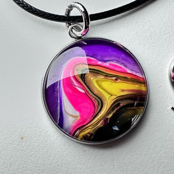 Vibrant Original Acrylic Pour Paint Abstract Art signed Jewelry Set 4185 B - Picture 6 of 11